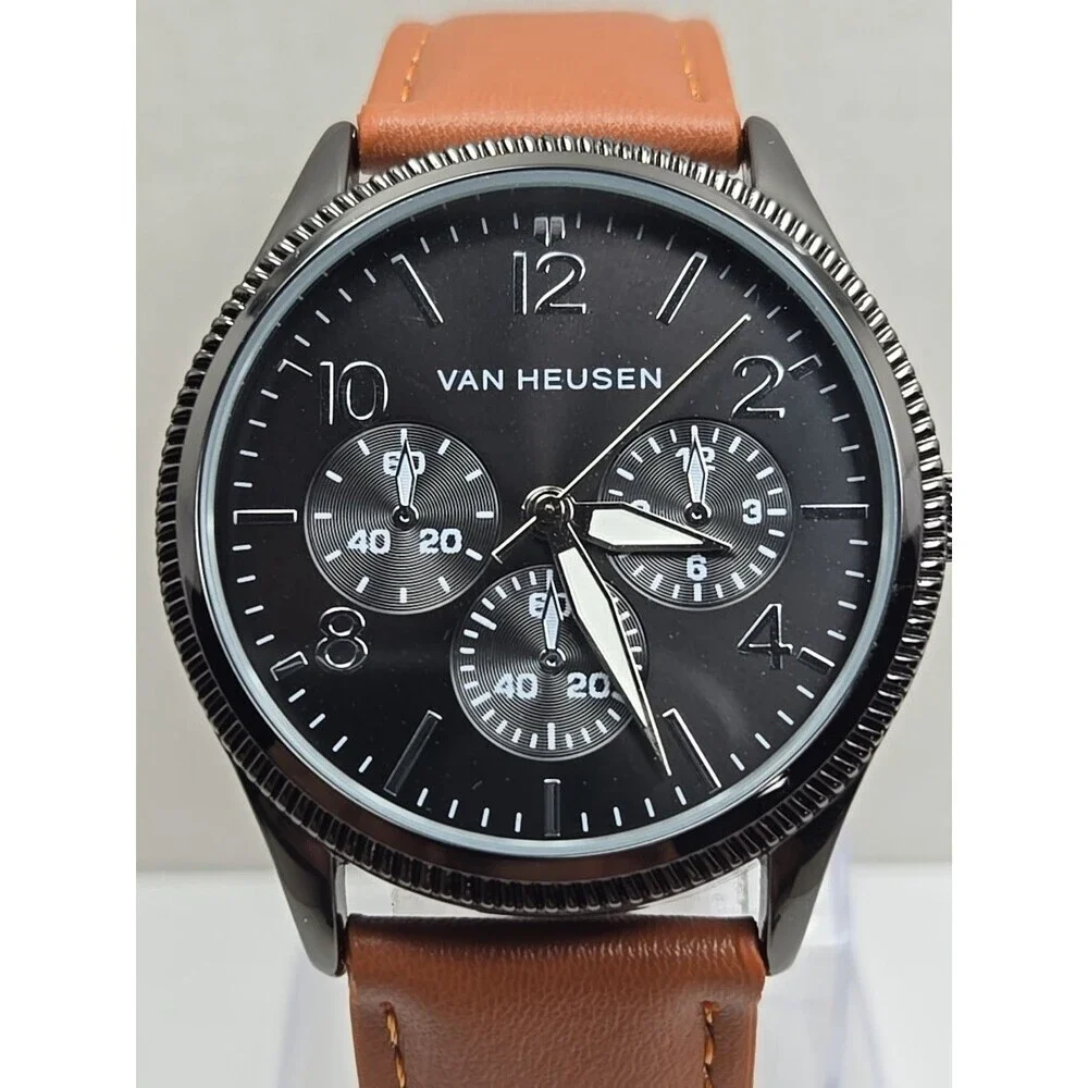 Van Heusen VAN5704RO Mens Black Multi Dial Leather Quartz Watch New Battery